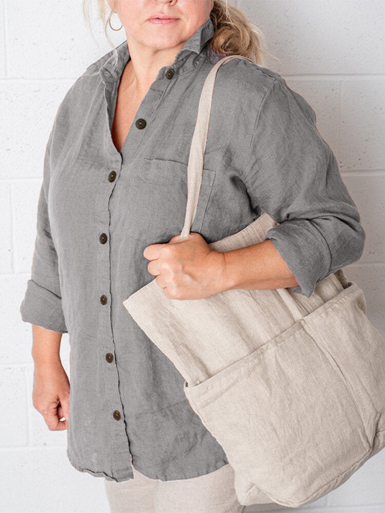 Solid Pocket Long Sleeve Button Front Lapel Shirt