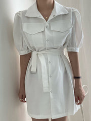 Solid Puff Sleeve Lapel Button Casual  With Belt Women Dress