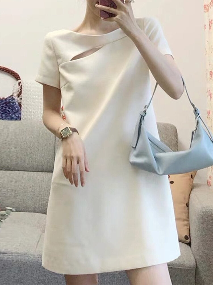 Solid Short Sleeve Hollow Crew Neck Casual Women Dress