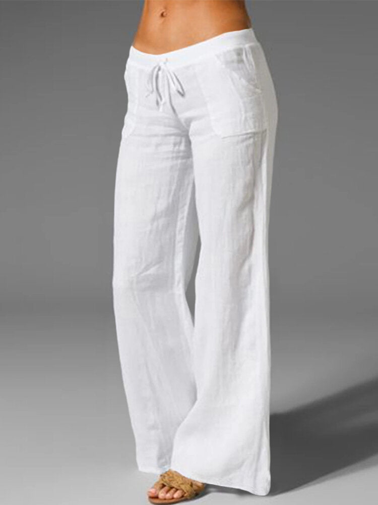 Solid Drawstring Waist Pocket Wide Leg Pants For Women