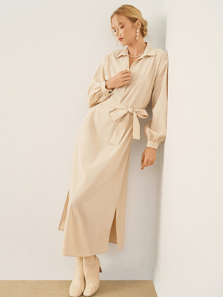 Solid Long Sleeve Button Lapel With Belt Women Dress