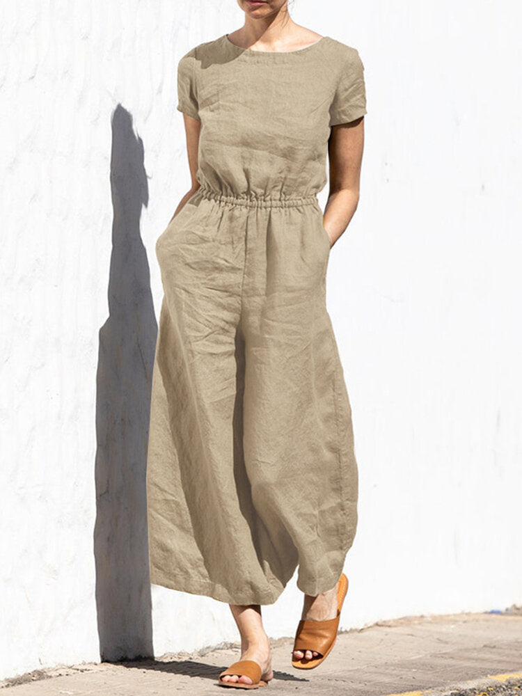 Solid Color Short Sleeve O-neck Cotton Wide Leg  Women Jumpsuits