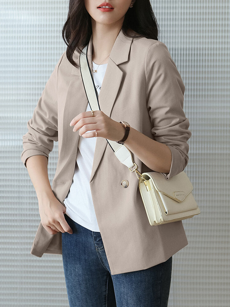 Solid Button Front Lapel Long Sleeve Blazer
