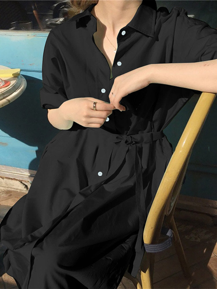 Solid Button Long Sleeve Lapel With Belt Women Dress