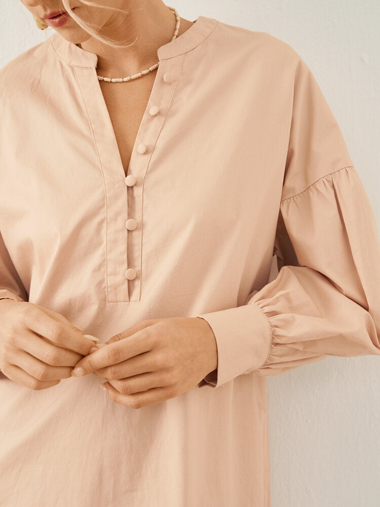 Solid Slit Hem Button Front Long Sleeve Stand Collar Women Dress