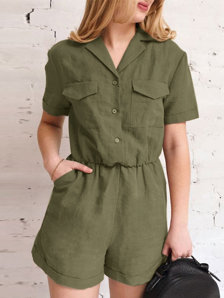 Solid Pocket Button Front Short Sleeve Lapel Cargo  Women Romper