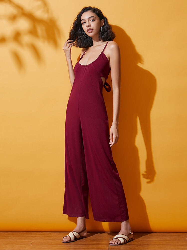 Solid Spaghetti Strap Lace Up Open Back Wide Leg  Women Jumpsuits