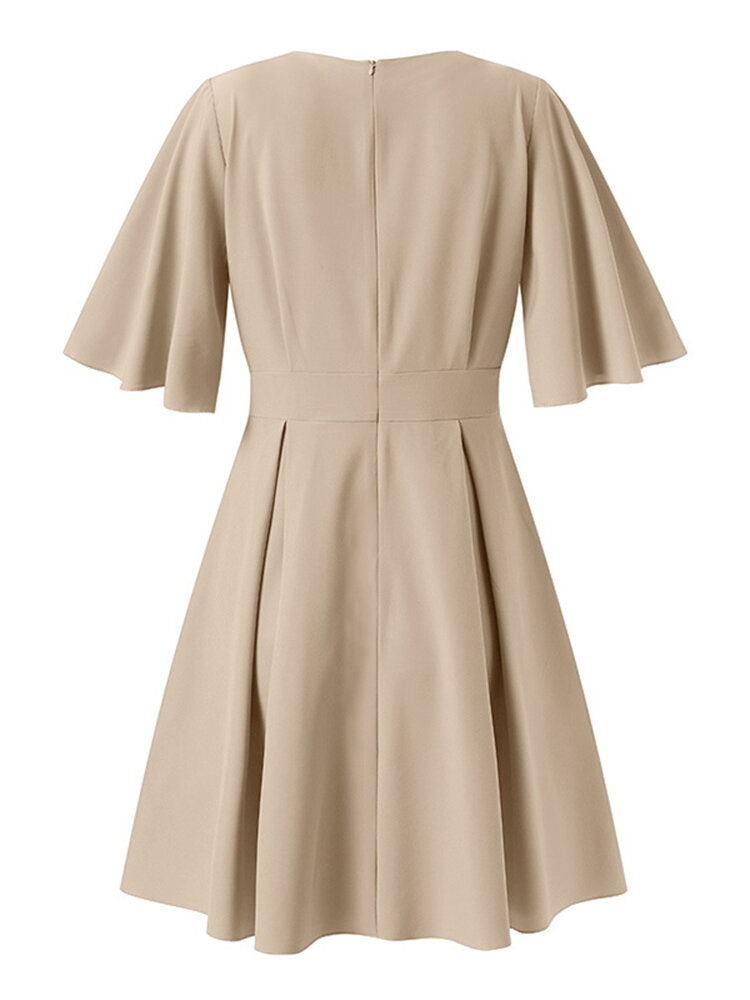 Cross Wrap Solid Pleats V-neck Back Zipper Causal  Women Dress