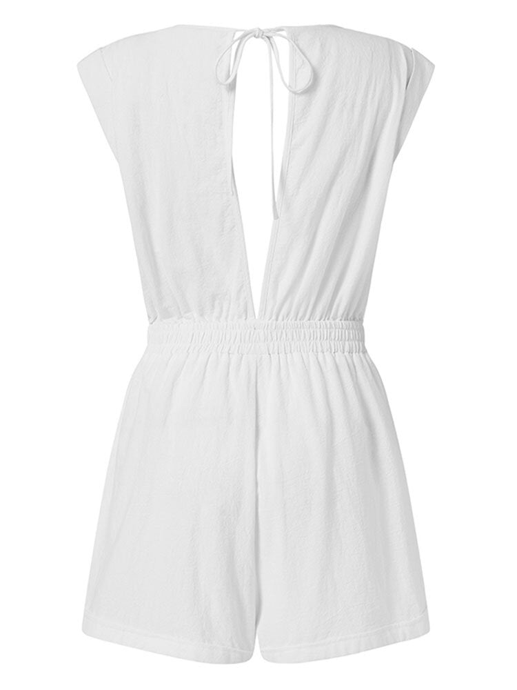 Solid Color Knotted Pocket High Waist V-Neck Sleeveless  Women Romper