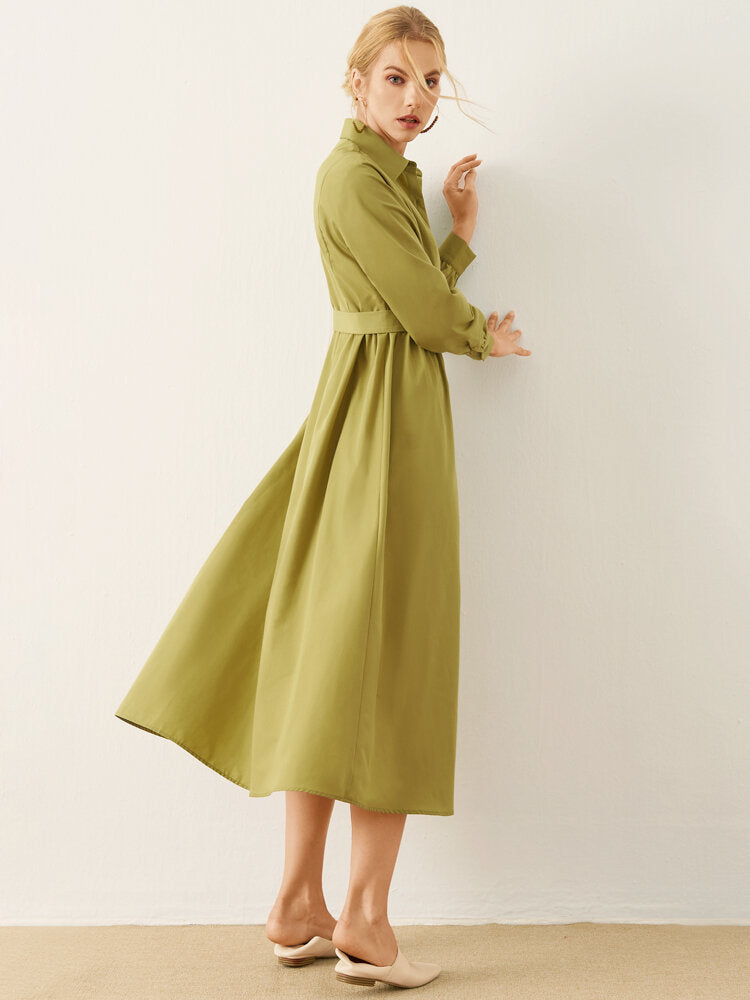 Solid Long Sleeve Button Front Lapel Women Dress
