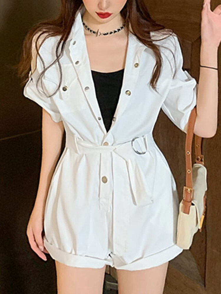 Solid Rolled Hem Pocket Short Sleeve  With Belt Women Romper