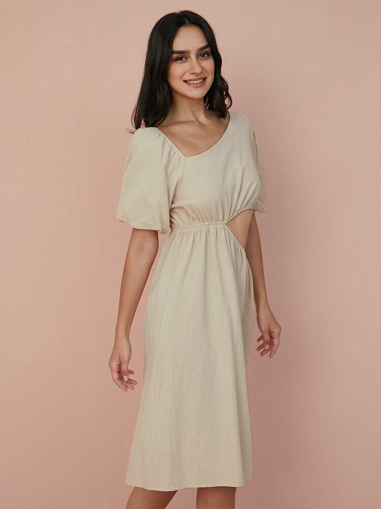 Solid Cut Out Asymmetrical Neck Puff Sleeve  Women Dress