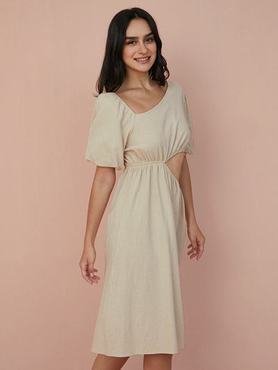 Solid Cut Out Asymmetrical Neck Puff Sleeve  Women Dress