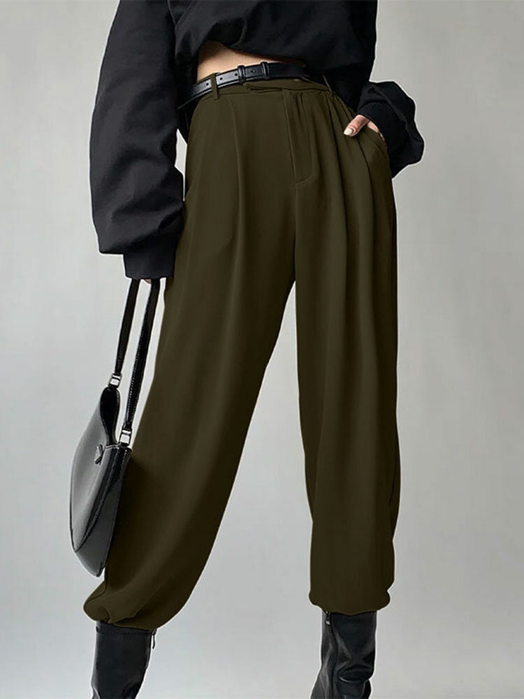 Solid Pocket Elastic Waist Back Pants For Women