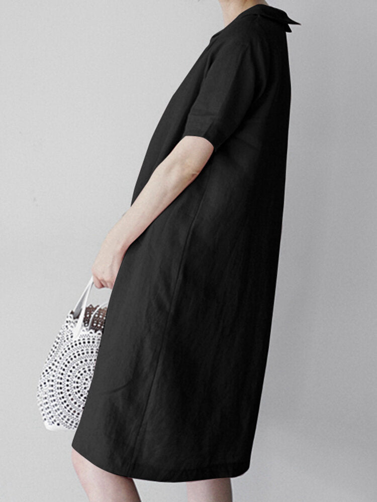 Women Solid Peter Pan Collar Short Sleeve Dress