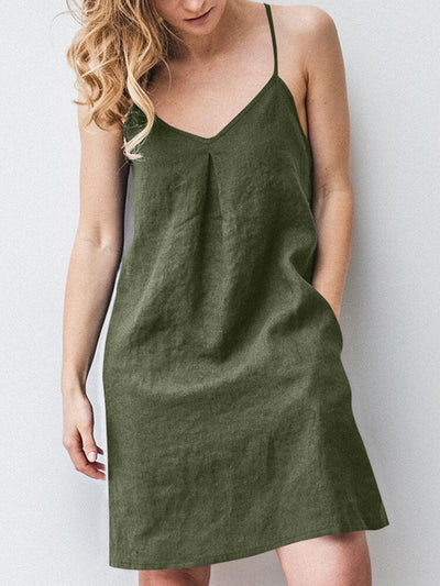 Solid Pocket Spaghetti Strap Backless Dress For Women