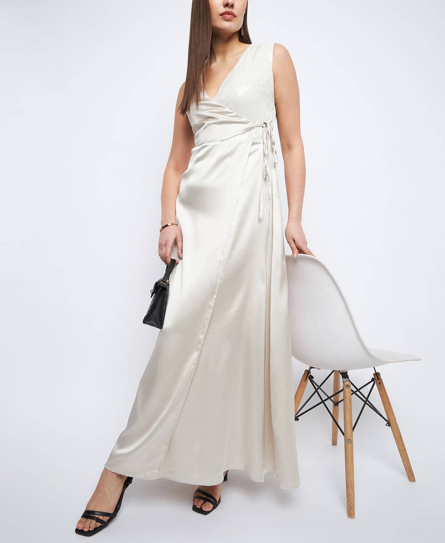 Every Occasian Surplice Neck Off-White Sequin Dress for women