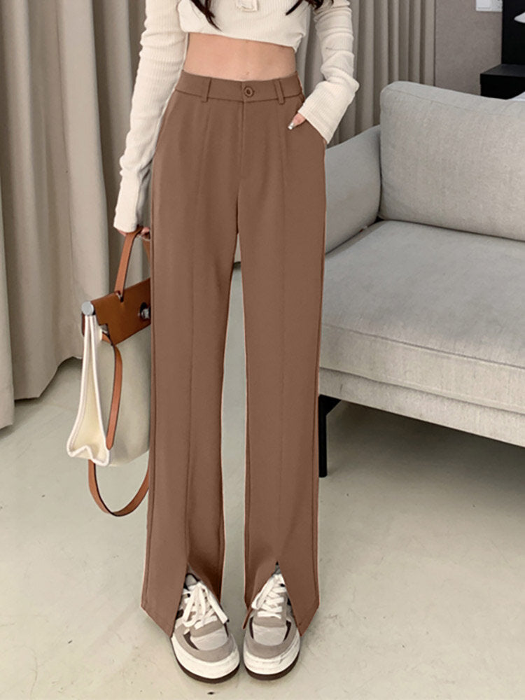 Solid High Waist Pocket Double Slit Hem Tailored Pants