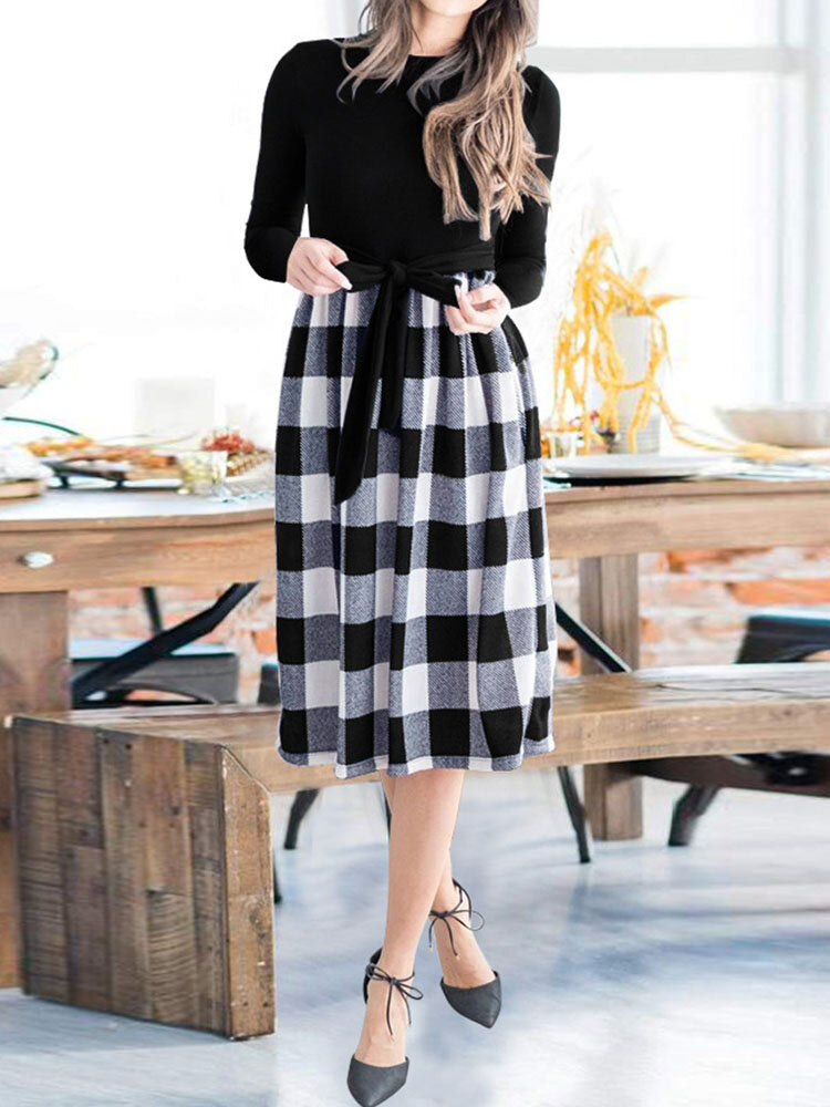 Leopard Check Stitch Bowknot Long Sleeve Crew Neck Dress