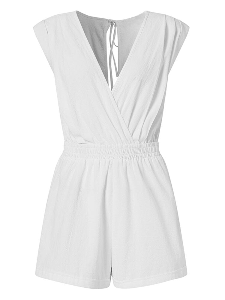 Solid Color Knotted Pocket High Waist V-Neck Sleeveless  Women Romper