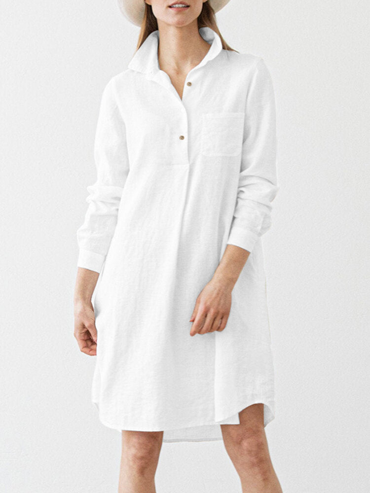 Women Solid Pocket Long Sleeve Lapel Vintage Dress
