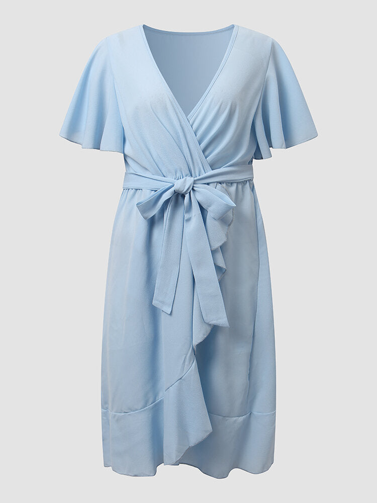 Solid Ruffle Short Sleeve Wrap V-neck Belt  Women Dress