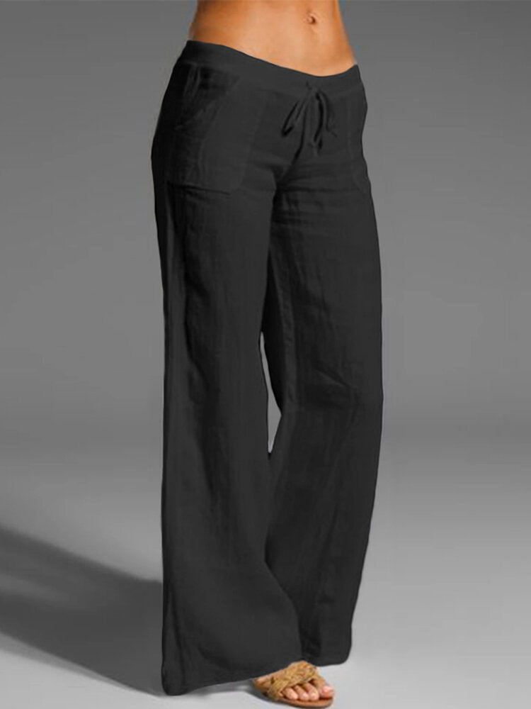 Solid Drawstring Waist Pocket Wide Leg Pants For Women