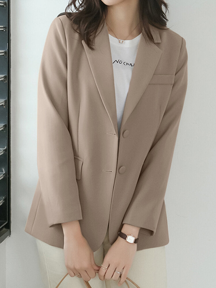 Women Solid Long Sleeve Button Front Lapel Blazer