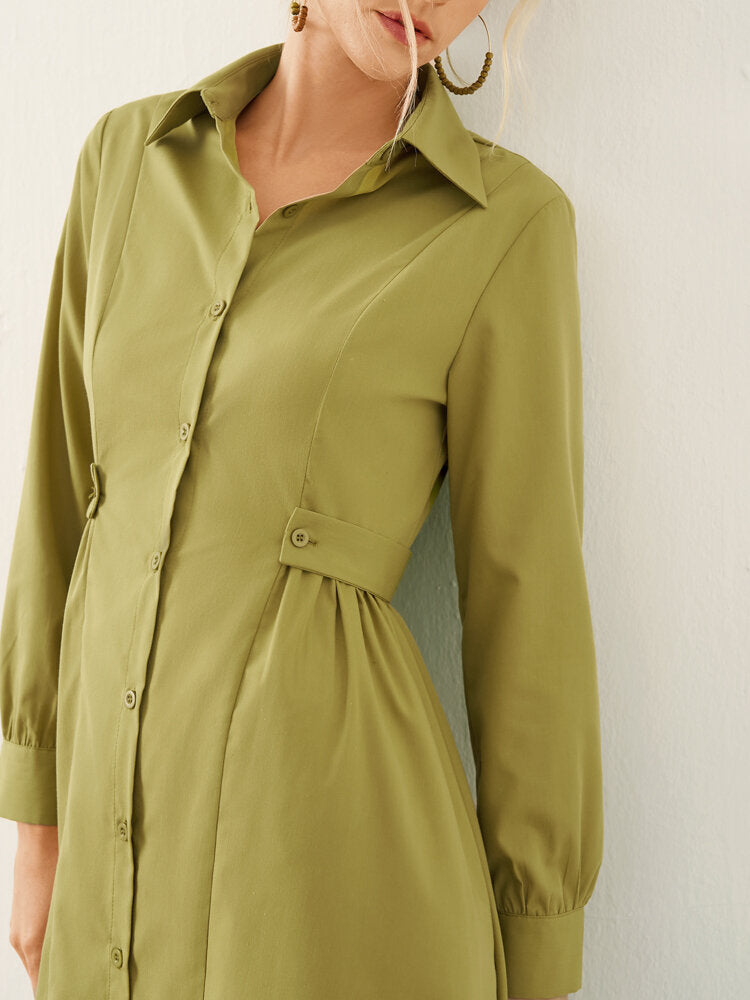 Solid Long Sleeve Button Front Lapel Women Dress