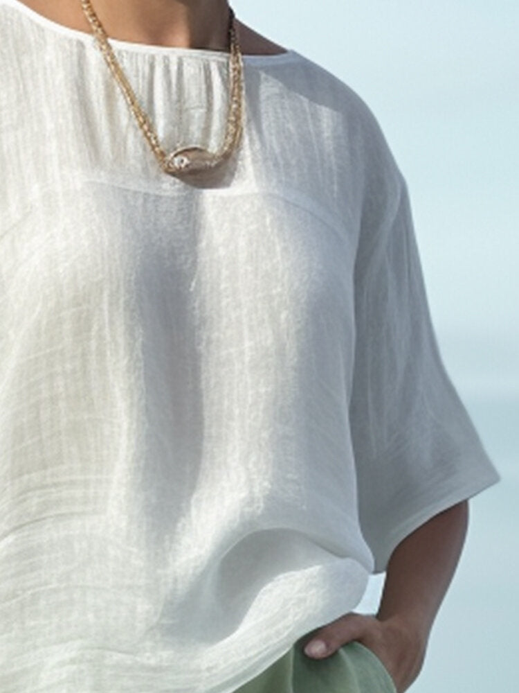 Women Solid Crew Neck Cotton Casual Half Sleeve Blouse