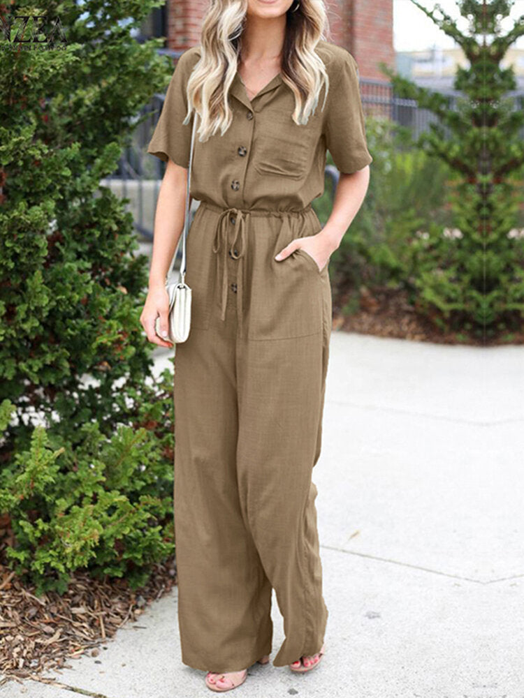 Solid Color Lapel Collar Button Short Sleeve  With Pocket Women Jumpsuits