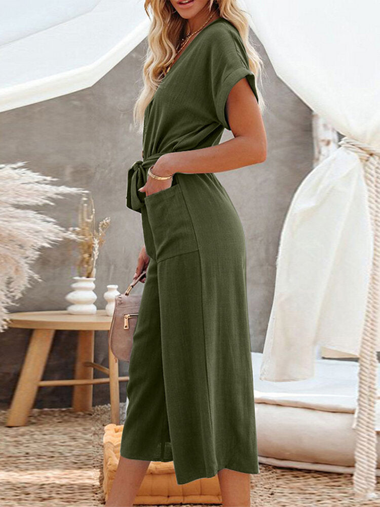 Solid Button Belt V-neck Pocket Short Sleeve  Women Jumpsuits
