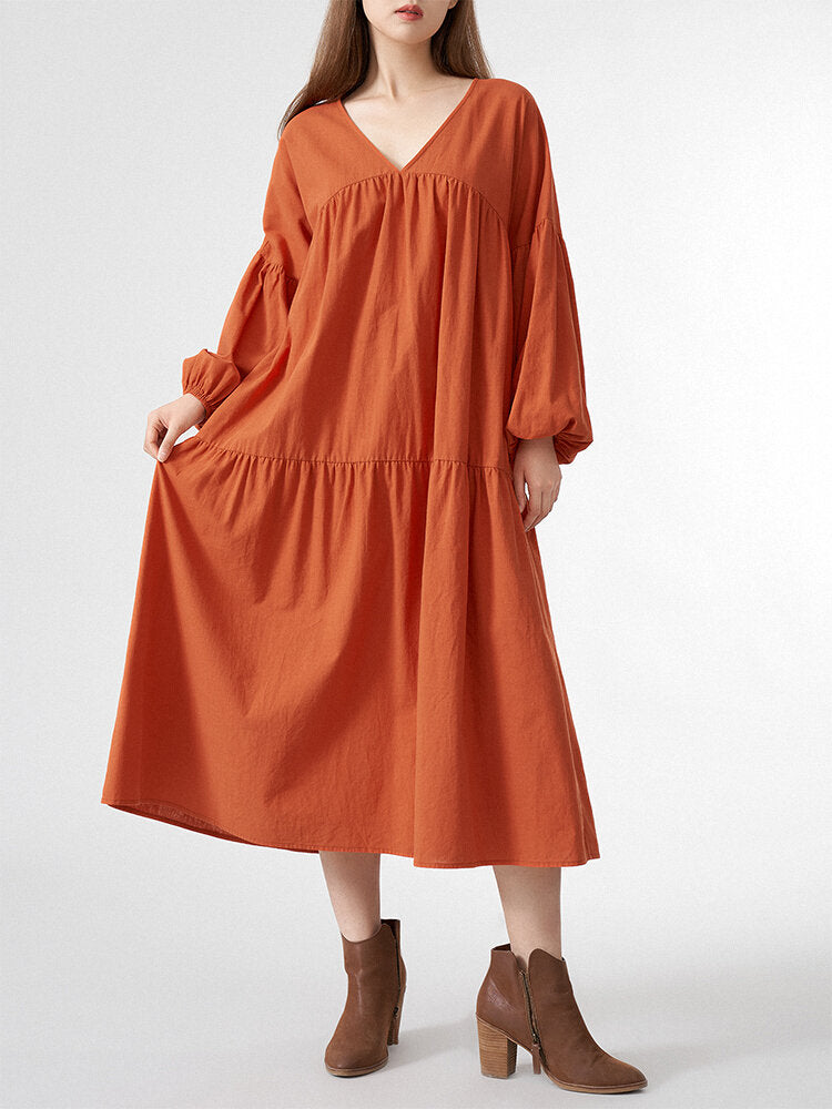 Solid V-neck Loose Casual Long Sleeve Women Dress
