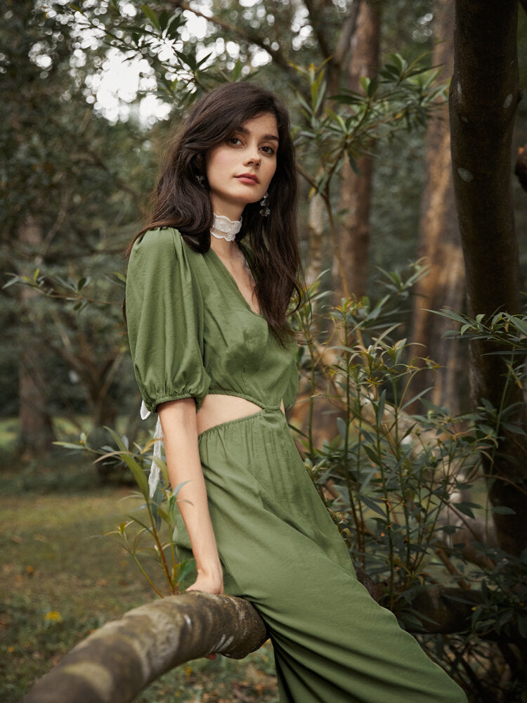 Solid Cut Out Waist Puff Sleeve V-neck Wide Leg  Women Jumpsuits