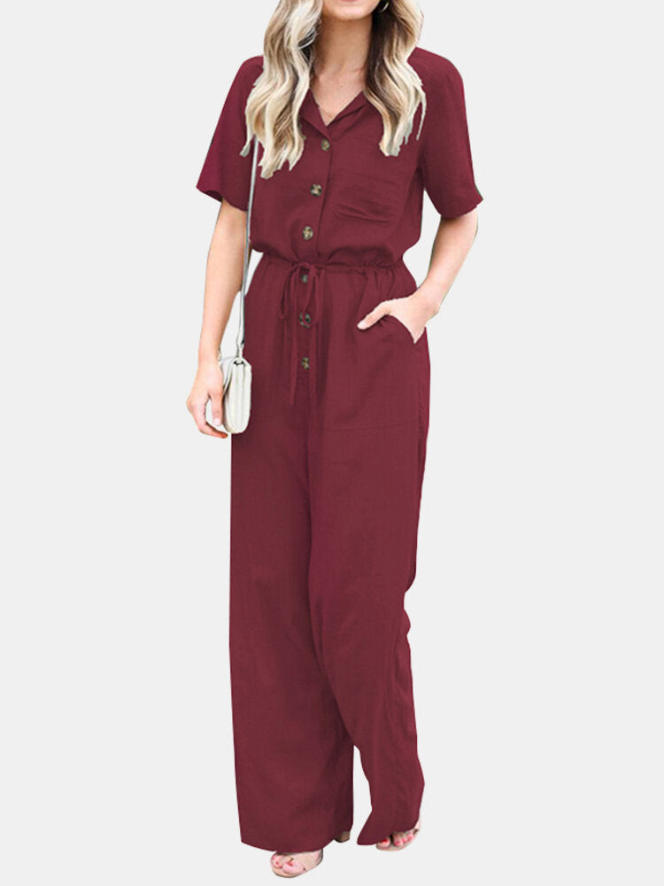 Solid Color Lapel Collar Button Short Sleeve  With Pocket Women Jumpsuits