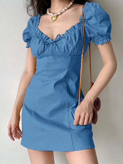 Solid Puff Sleeve Tie Front Lettuce Edge  Women Dress