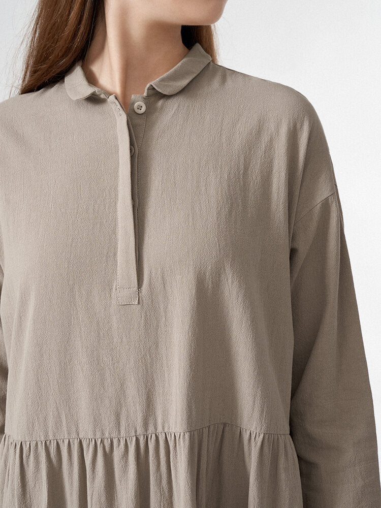 Solid Lapel Button Loose Vintage Dress For Women