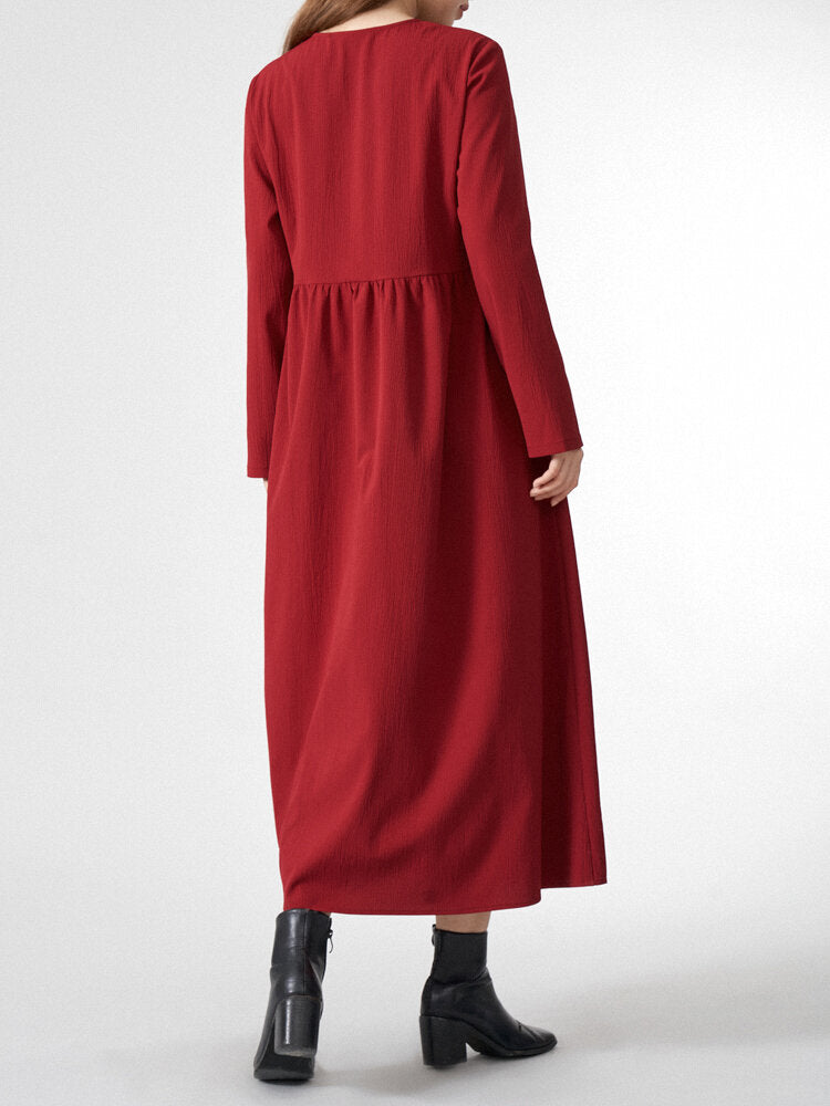 Women Solid Half Open Collar Long Sleeve Maxi Dress