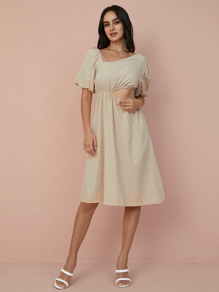 Solid Cut Out Asymmetrical Neck Puff Sleeve  Women Dress