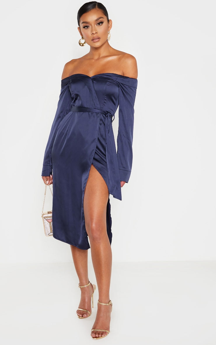 Navy Satin Bardot Lapel Detail Wrap Midi Dress