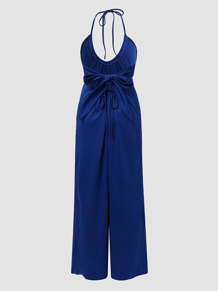 Solid Spaghetti Strap Lace Up Open Back Wide Leg  Women Jumpsuits