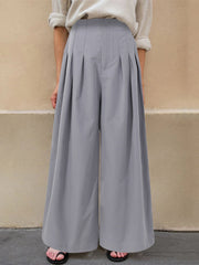 High Waist Wide-Legged Front Zipper Side Pockets Pleated Pants