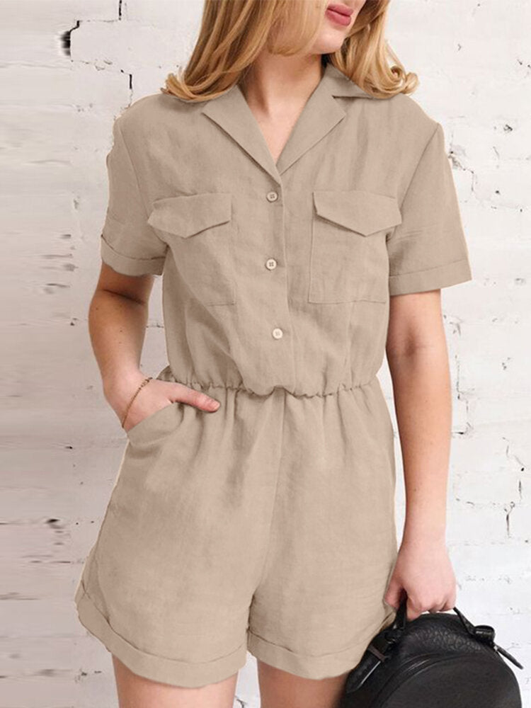 Solid Pocket Button Front Short Sleeve Lapel Cargo  Women Romper