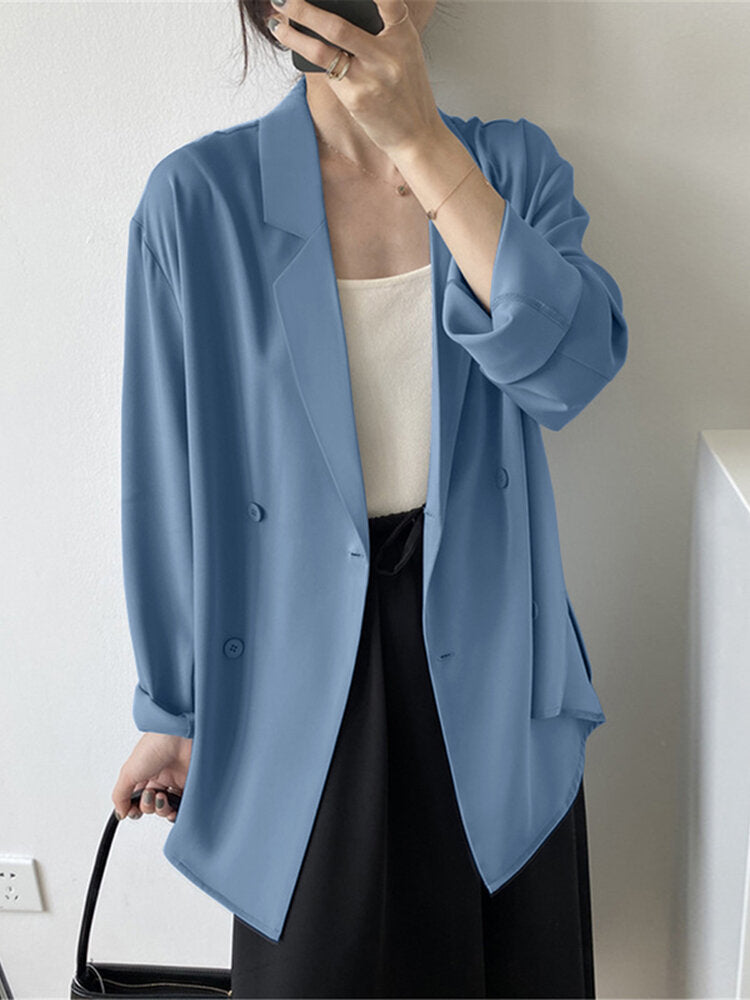 Solid Double Breasted Lapel Long Sleeve Blazer