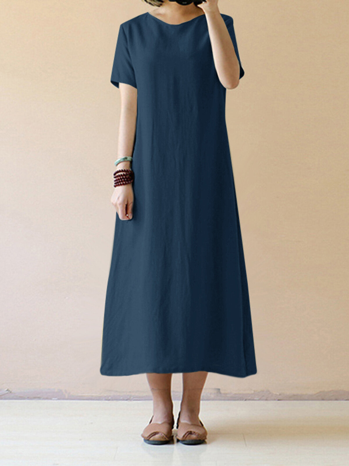Pure Color Short Sleeve Long Maxi Vintage es Women Dress