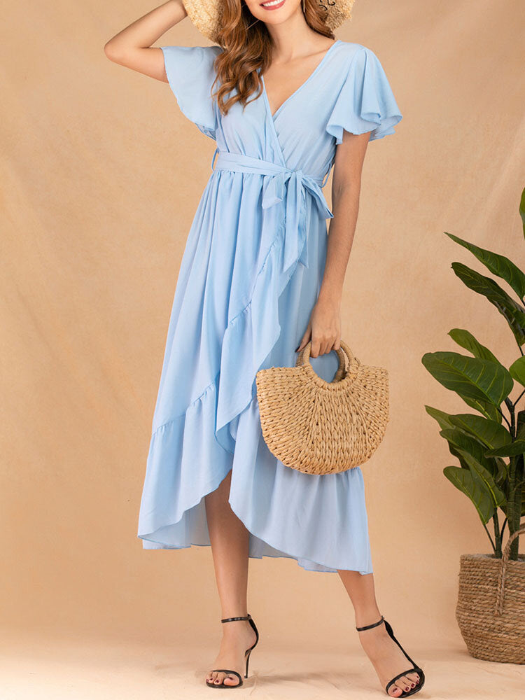 Solid Ruffle Short Sleeve Wrap V-neck Belt  Women Dress