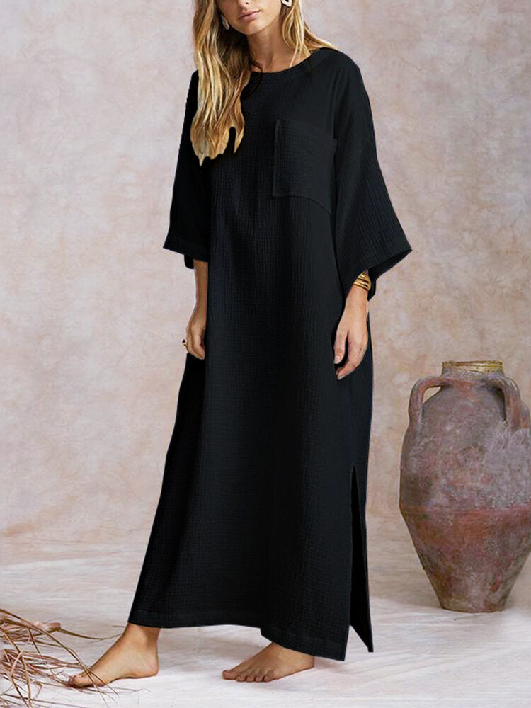 Side Slit Solid Color Long Sleeve Maxi Dress For Women
