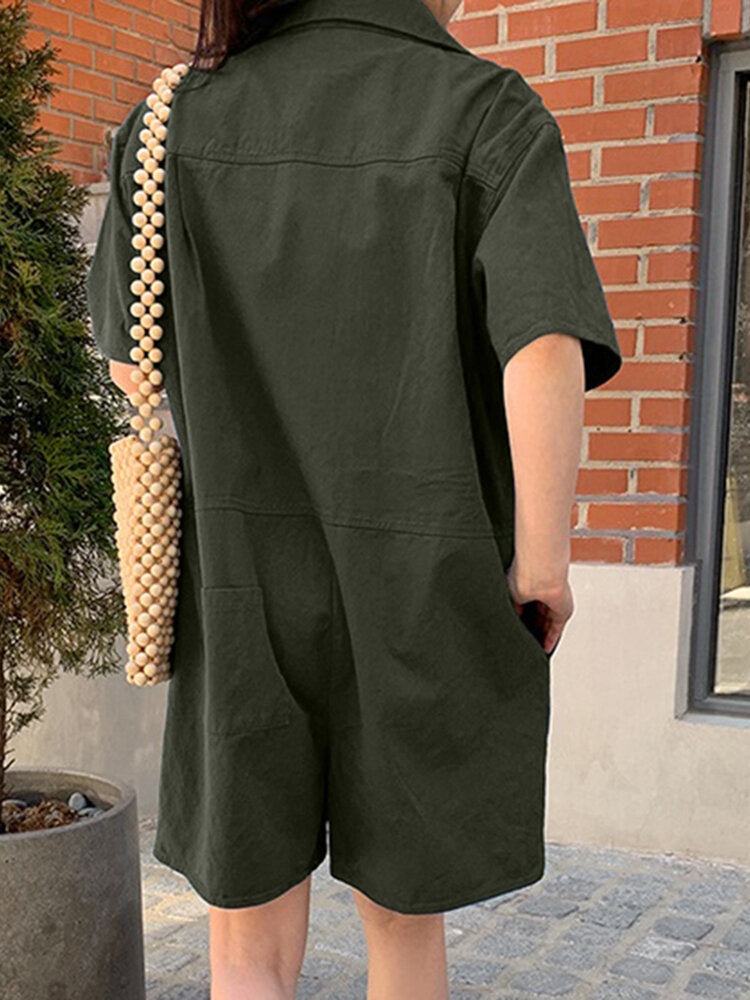 Solid Pocket Button Lapel Short Sleeve Casual Cotton  Women Romper