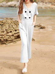 Solid Double Breasted Pocket Short Sleeve V-neck  Women Jumpsuits