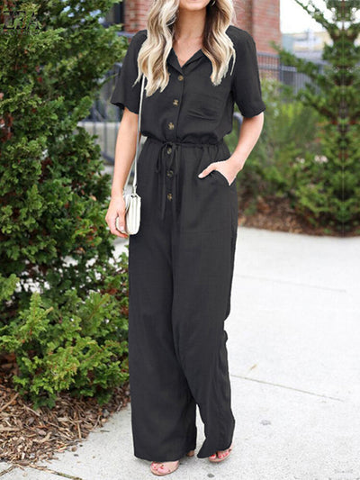 Solid Color Lapel Collar Button Short Sleeve  With Pocket Women Jumpsuits